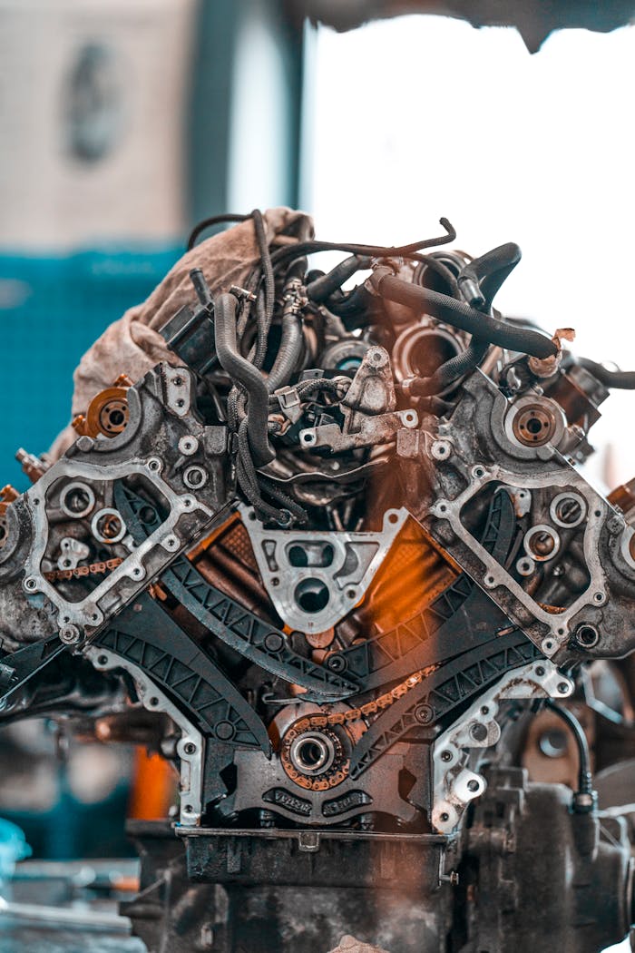 Car engine with various metal details placed on workbench in modern repair service